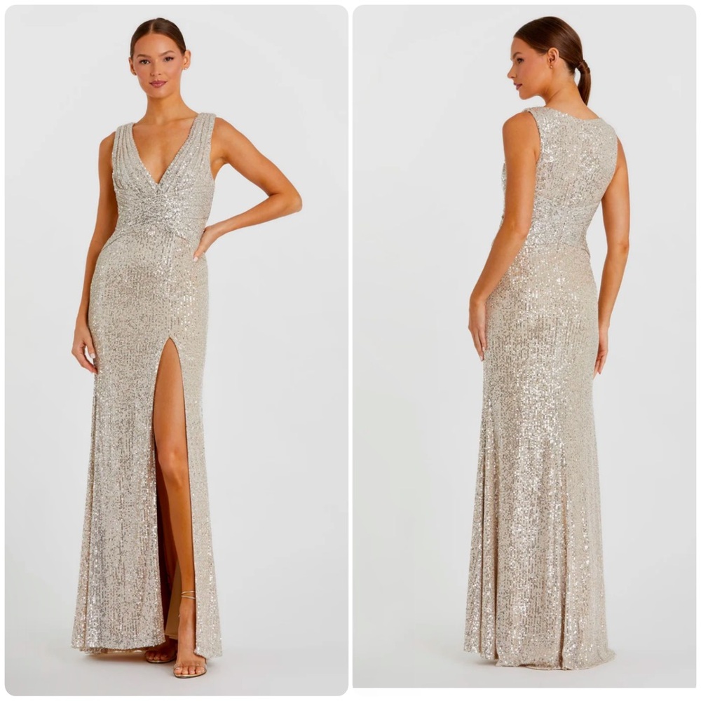 IEENA FOR MAC DUGGAL
Silver V-Neck Sequin Wrap Waist Gown size 10